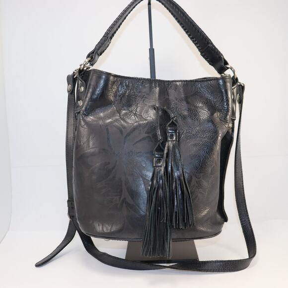Patricia Nash Black Embossed Leather Bucket Bag with Tassel - Picture 1 of 8